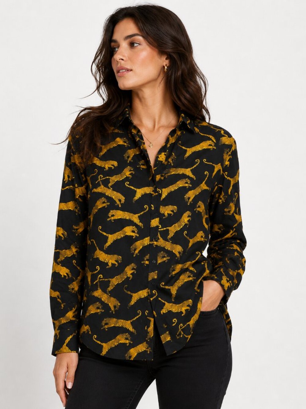 Worthington Black Gold Animal Print Button-Up Blouse Statement Top